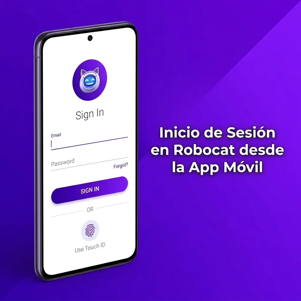 Pantalla de inicio de sesión en la app móvil de Robocat con opciones de correo, Google y acceso biométrico