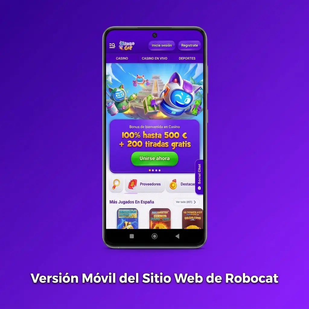 Versión móvil del sitio web de Robocat optimizada para smartphone y tablet con apuestas, casino y pagos