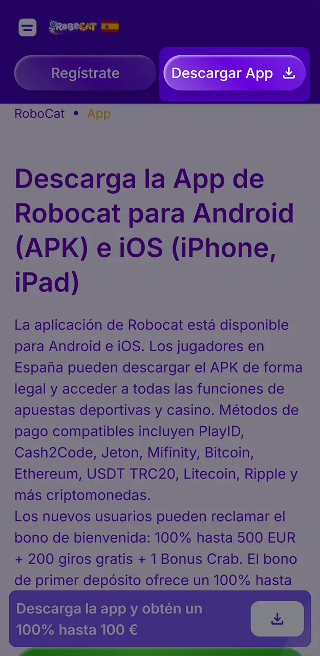 Instala la aplicación Robocat en Android.