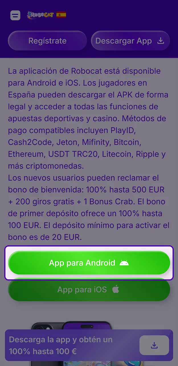 Accede a la descarga de la aplicación para Android en Robocat.