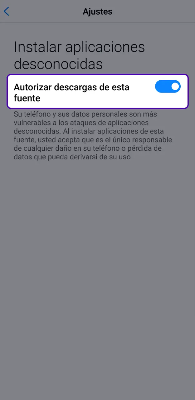 Activa la opción de instalación desde fuentes desconocidas para la aplicación Robocat.