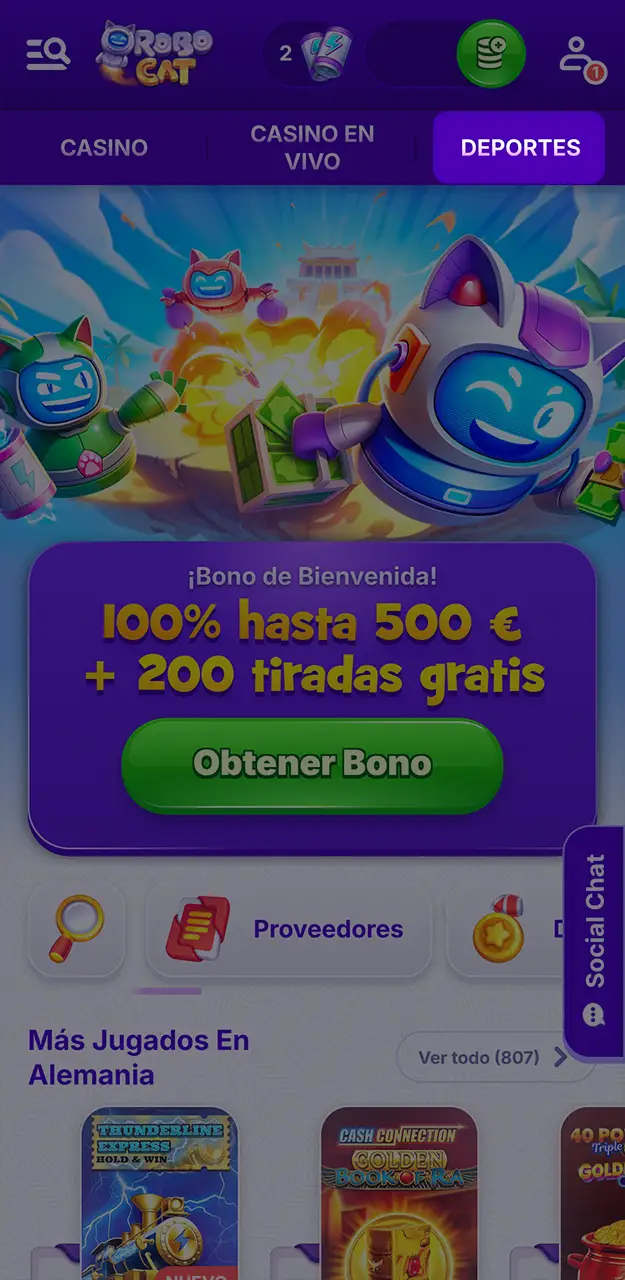 Abre la sección de deportes en la aplicación Robocat.