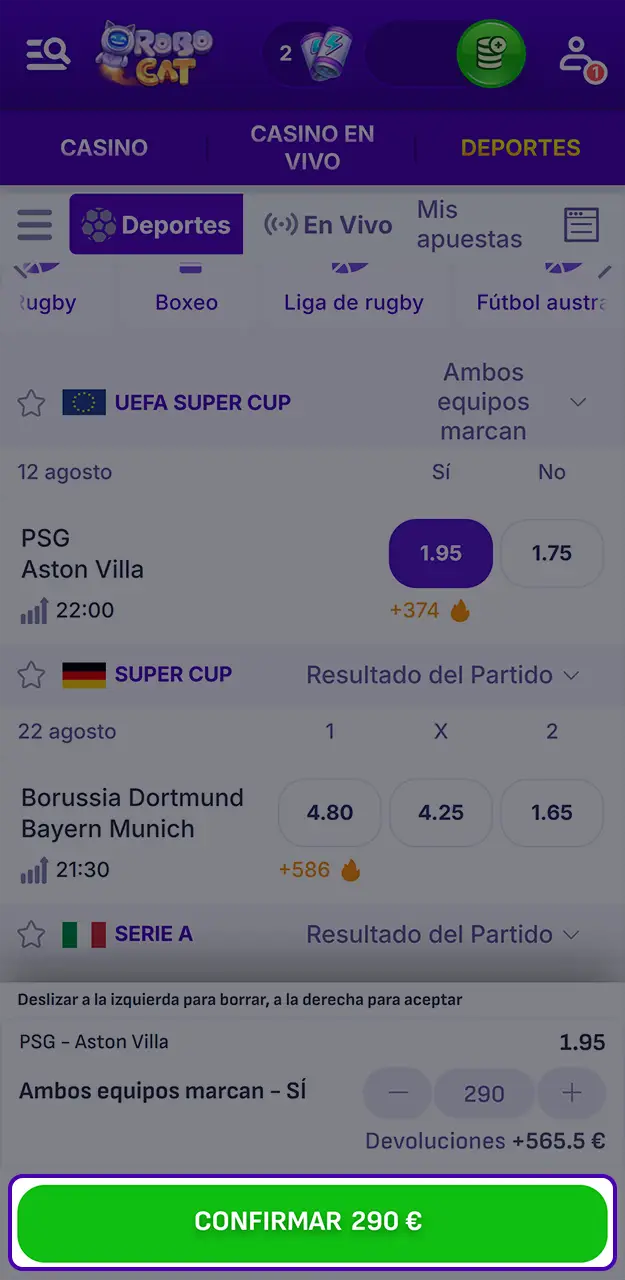 Envíe su pronóstico deportivo y confirma la apuesta en Robocat.