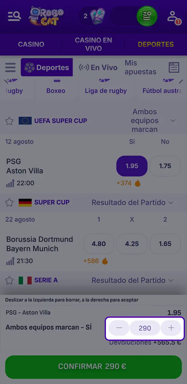 Defina la cantidad de su cupón e introduce el importe de la apuesta en Robocat.