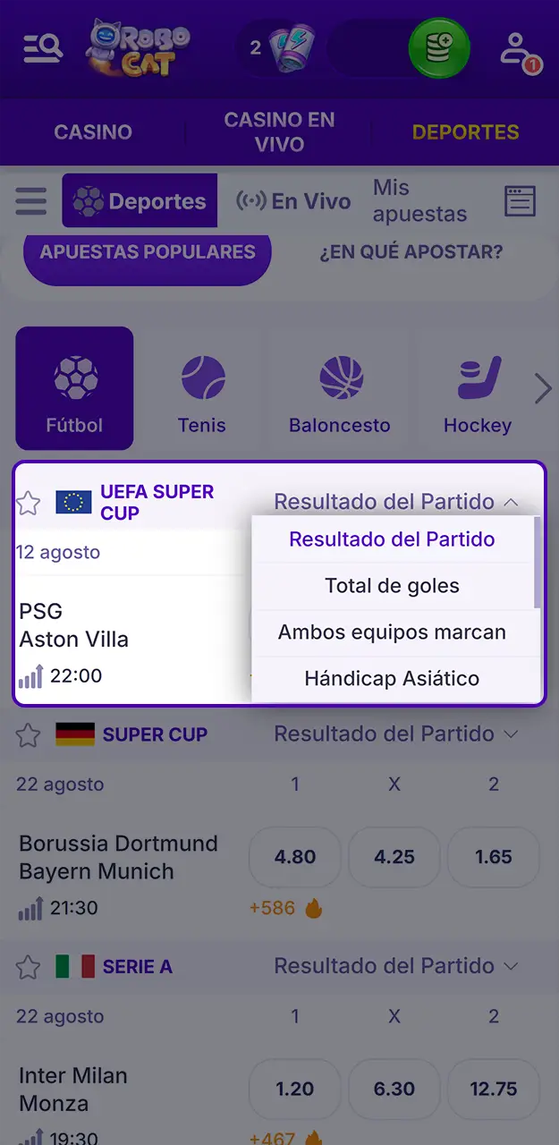 Elija su evento preferido y selecciona el mercado y el tipo de apuesta en Robocat.