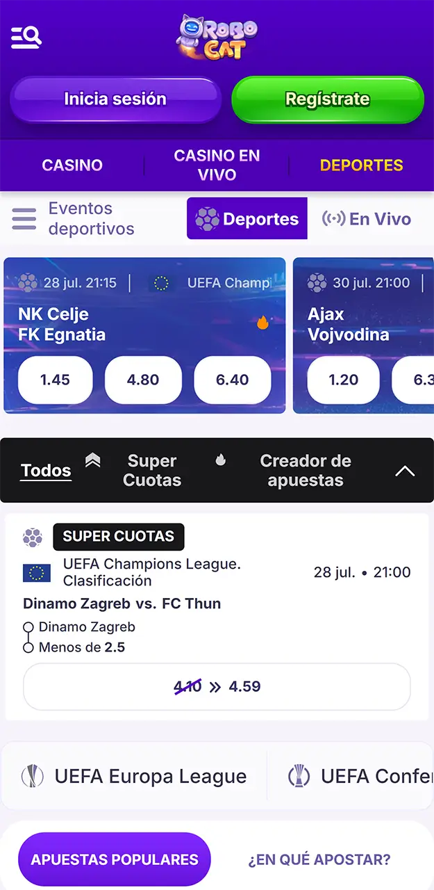 Haz tus apuestas deportivas en la aplicación Robocat.