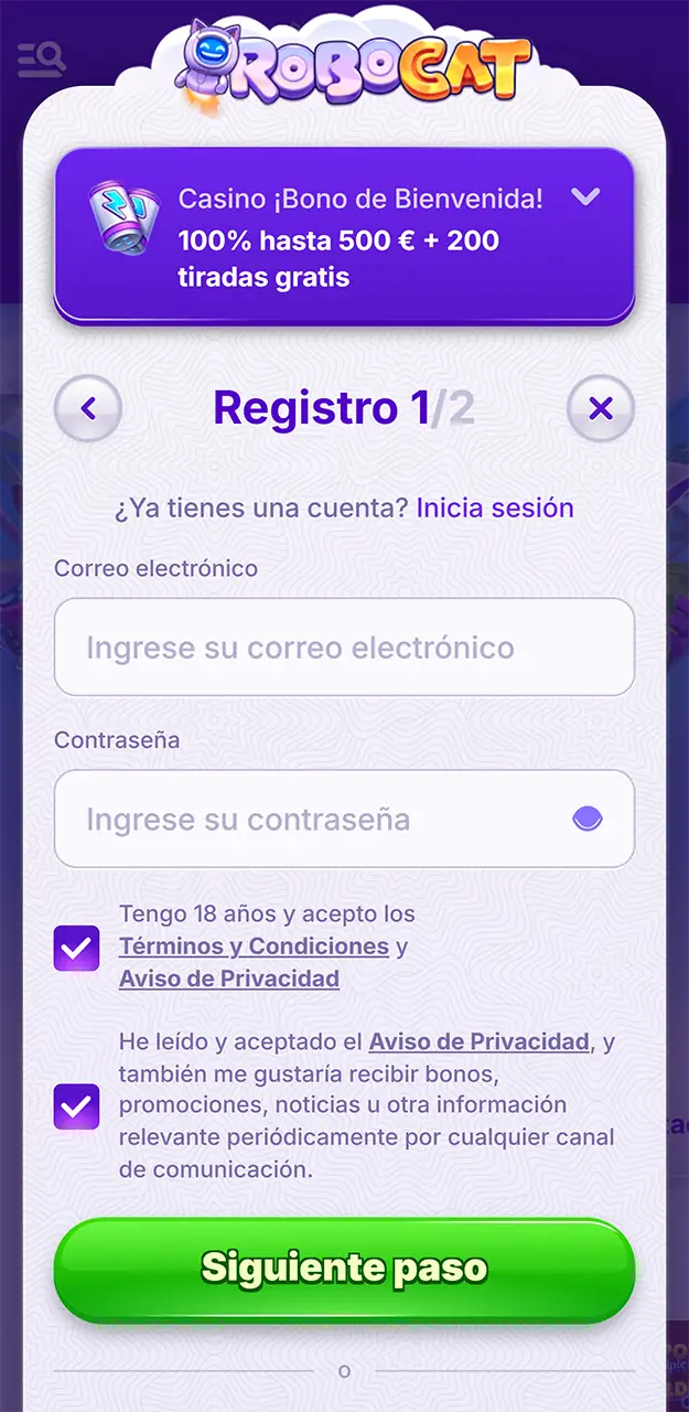 Completa el registro rápido en la aplicación móvil de Robocat.