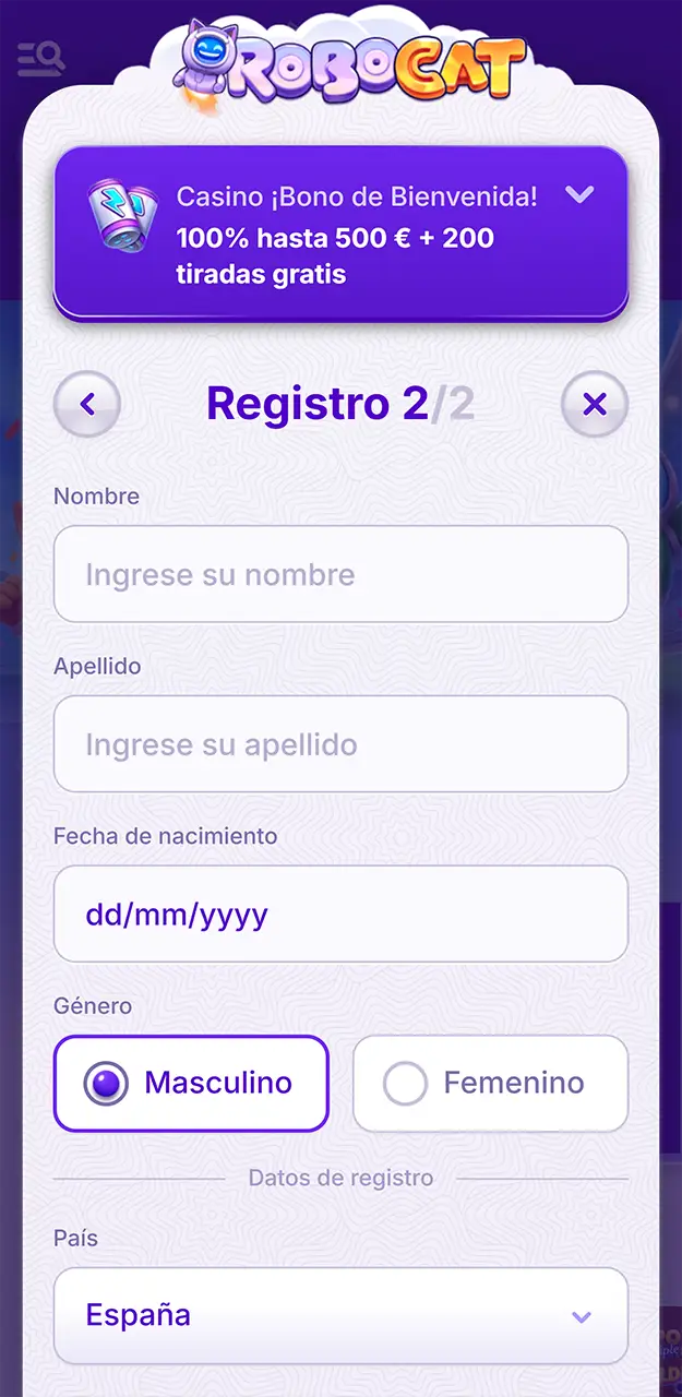 Complete el formulario electrónico e introduce tus datos personales en Robocat.