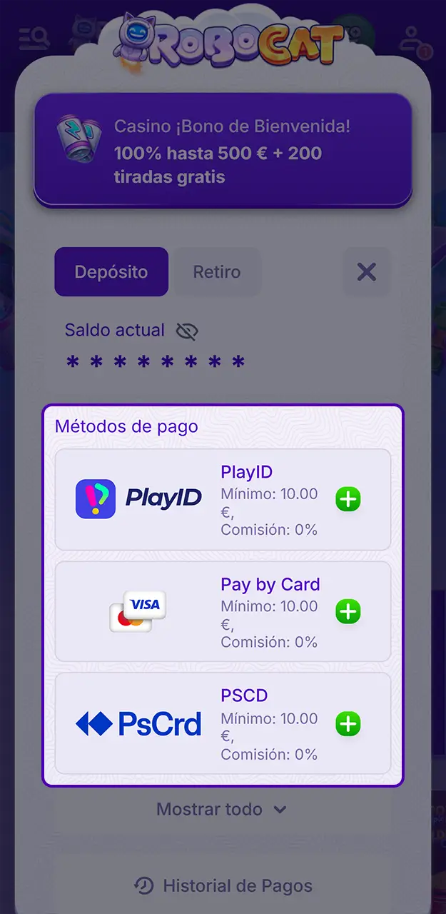Elige un método de pago seguro para recargar tu cuenta en Robocat.