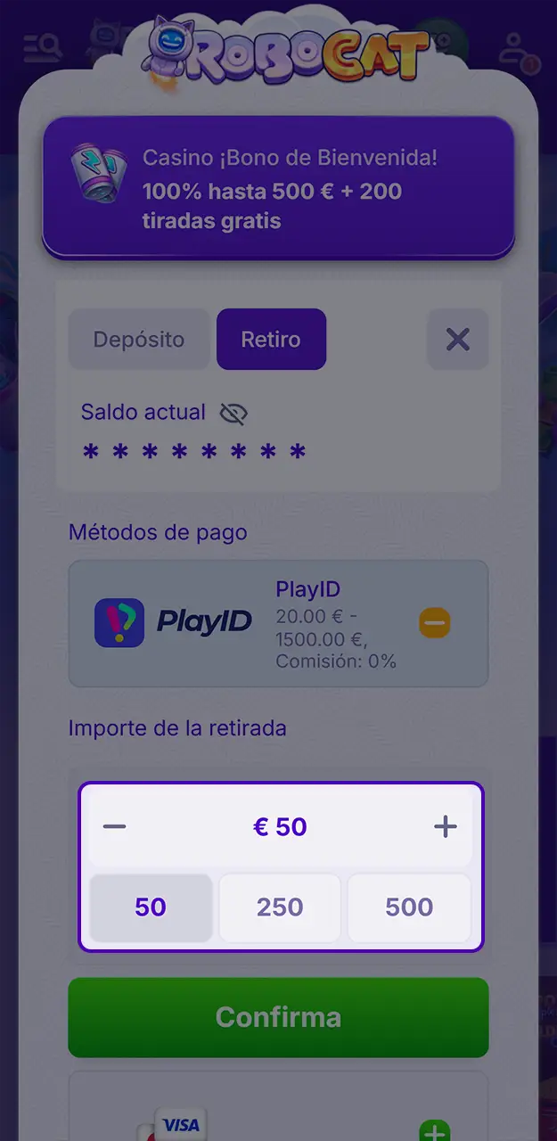 Introduce el importe del retiro en Robocat.