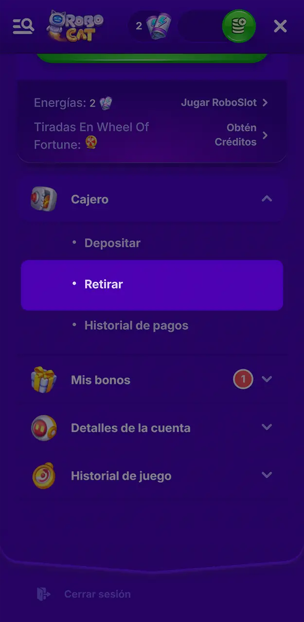 Accede a la sección de retiradas de fondos de Robocat.