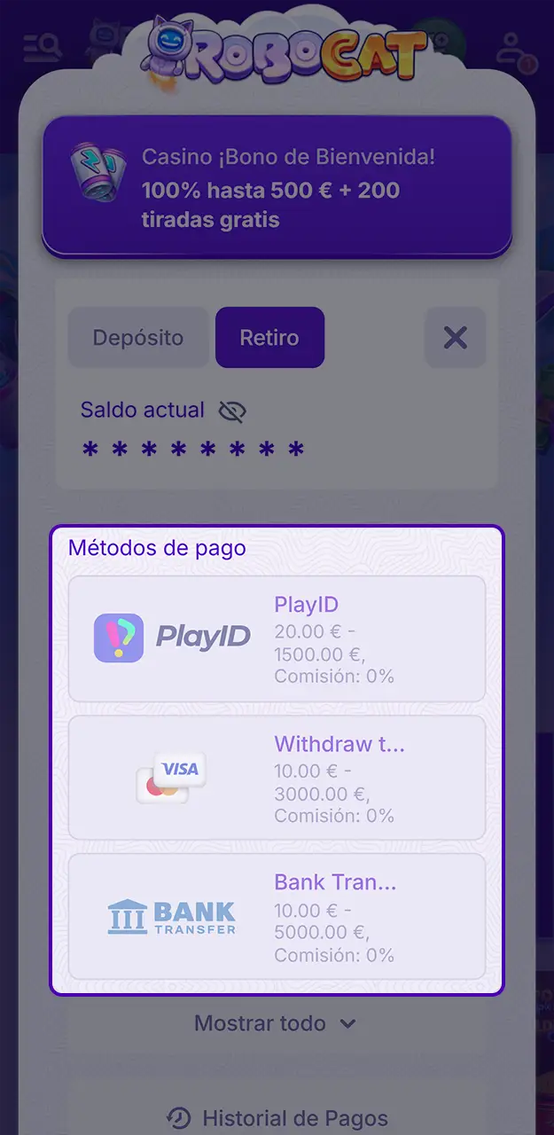 Selecciona el método de retiro en Robocat.