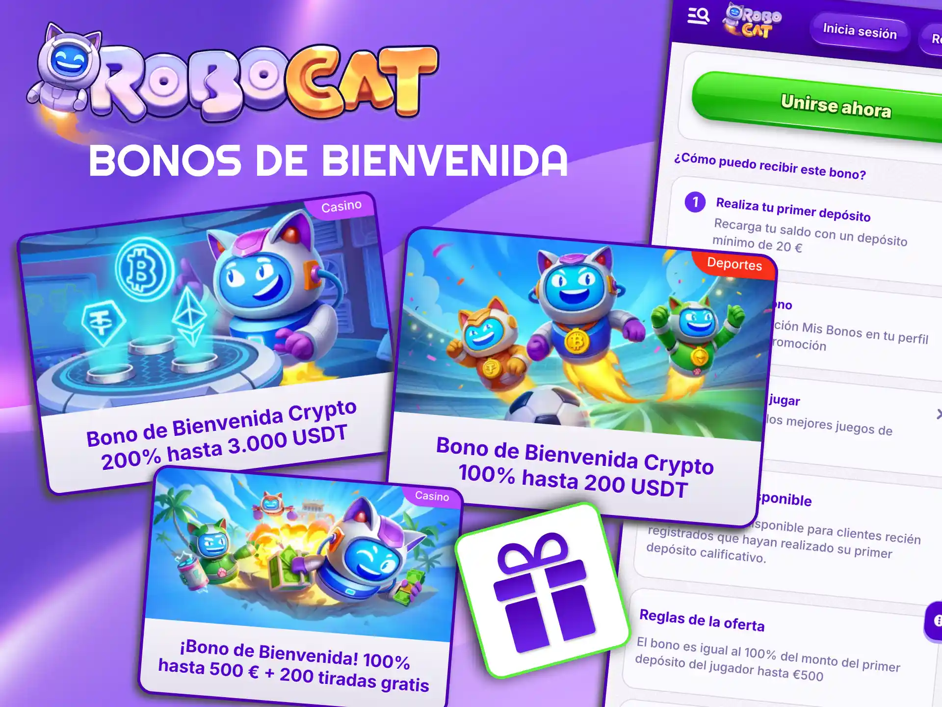 Robocat bienvenida incluye giros gratis y requisitos de apuesta.