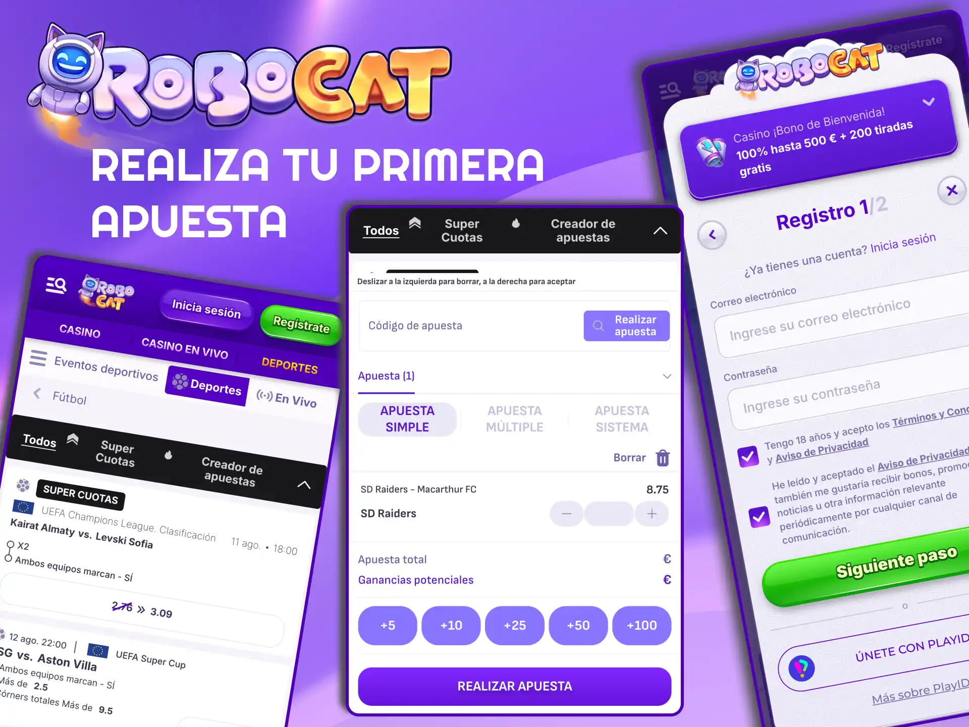 Realiza tu Primera Apuesta en Robocat explica registro, depósito y selección de mercado.